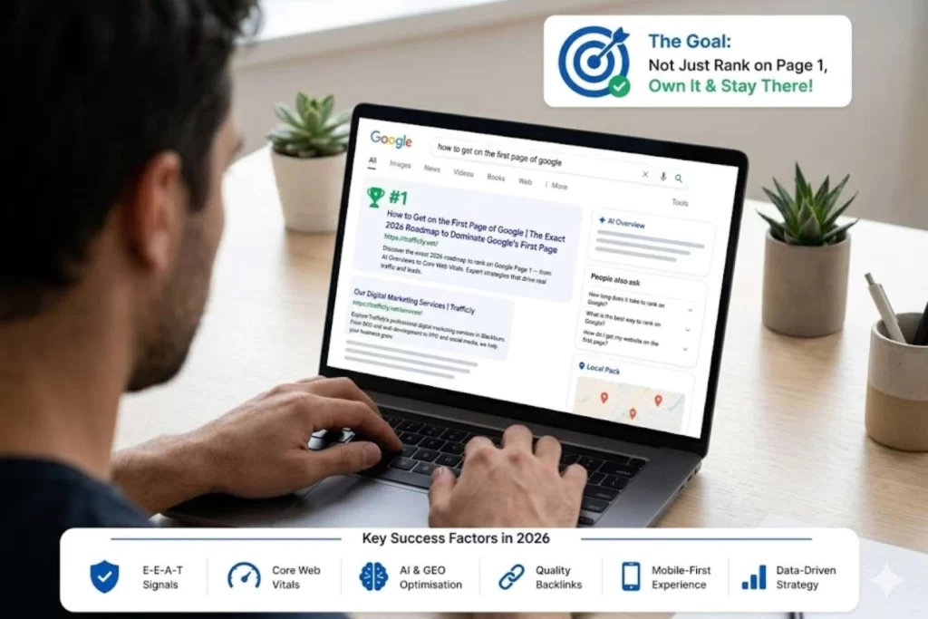 Get on the First Page of Google using AI Overviews, Core Web Vitals, backlinks, and E-E-A-T ranking signals
